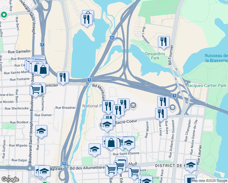 map of restaurants, bars, coffee shops, grocery stores, and more near 230 Rue Saint-Henri in Gatineau