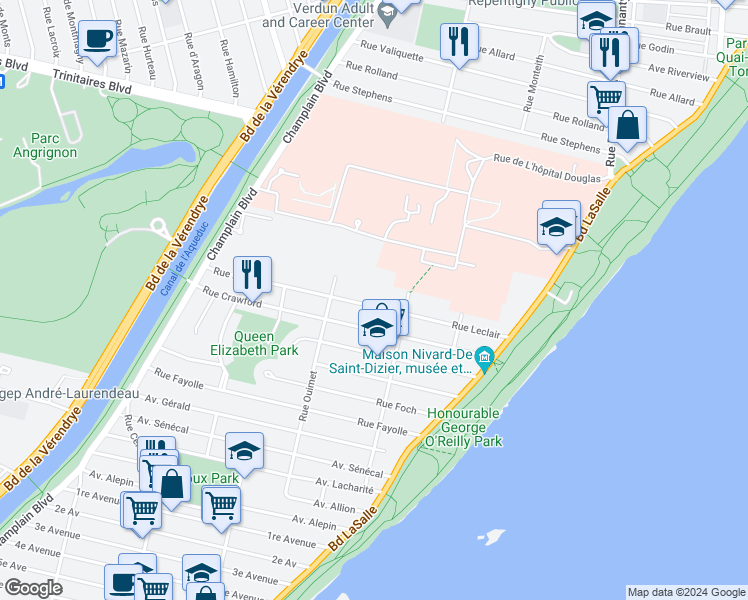 map of restaurants, bars, coffee shops, grocery stores, and more near 1425 Rue Leclair in Montréal
