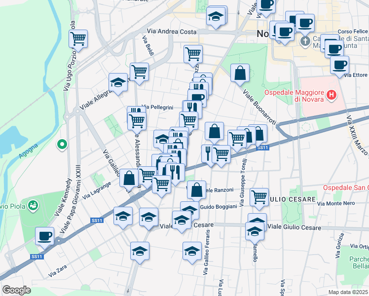 map of restaurants, bars, coffee shops, grocery stores, and more near 2-12 Via Stefano Melchioni in Novara