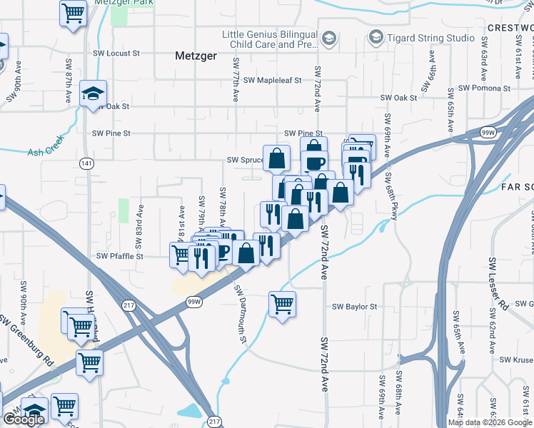 map of restaurants, bars, coffee shops, grocery stores, and more near Southwest Legacy Oak Way in Tigard