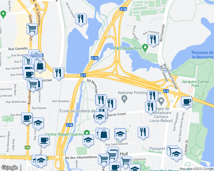 map of restaurants, bars, coffee shops, grocery stores, and more near 230 Rue Saint-Henri in Gatineau