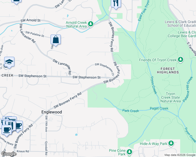 map of restaurants, bars, coffee shops, grocery stores, and more near 1030 Southwest Stephenson Street in Portland