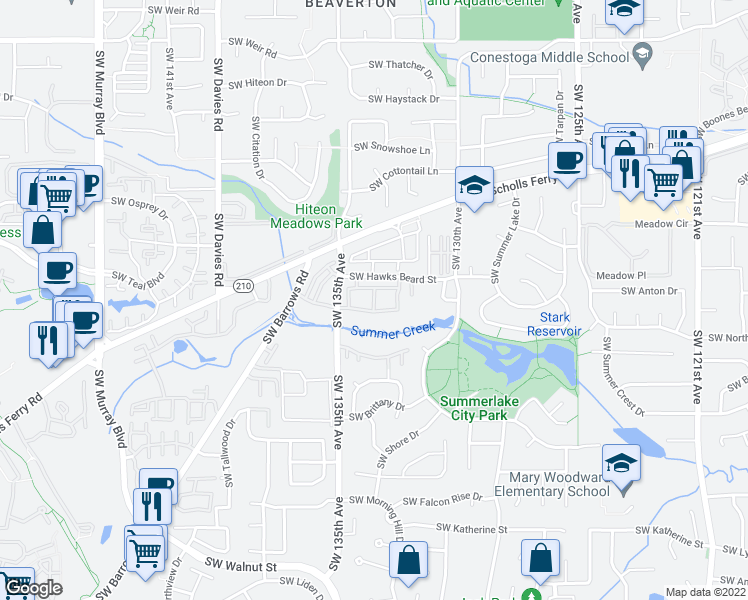 map of restaurants, bars, coffee shops, grocery stores, and more near 13456 Southwest Hawks Beard Street in Portland