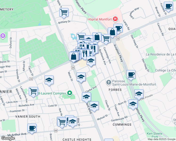 map of restaurants, bars, coffee shops, grocery stores, and more near 641 Noranda Avenue in Ottawa
