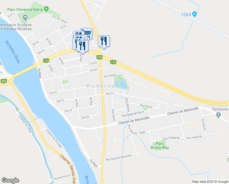 map of restaurants, bars, coffee shops, grocery stores, and more near 620 Avenue 14e in Richelieu