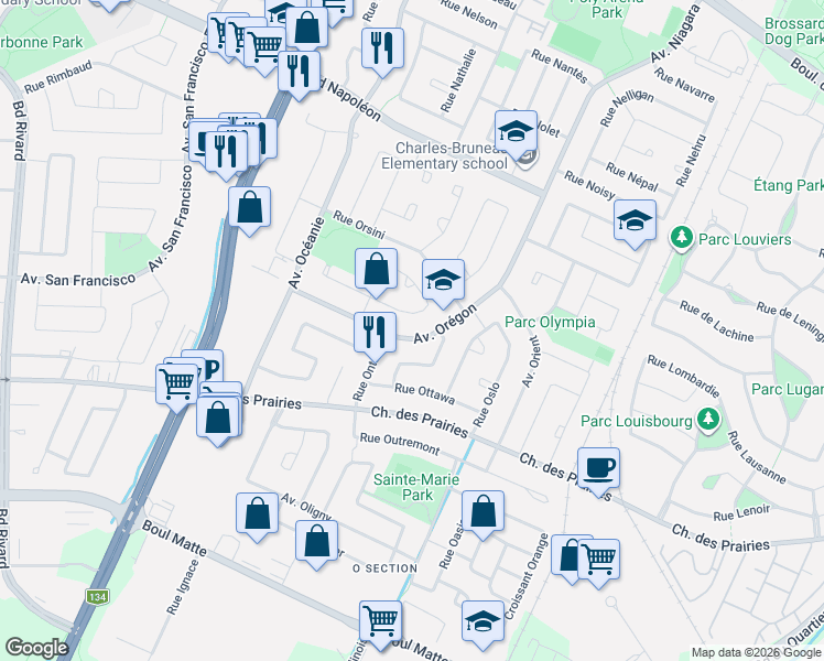map of restaurants, bars, coffee shops, grocery stores, and more near 8550 Avenue Orégon in Brossard