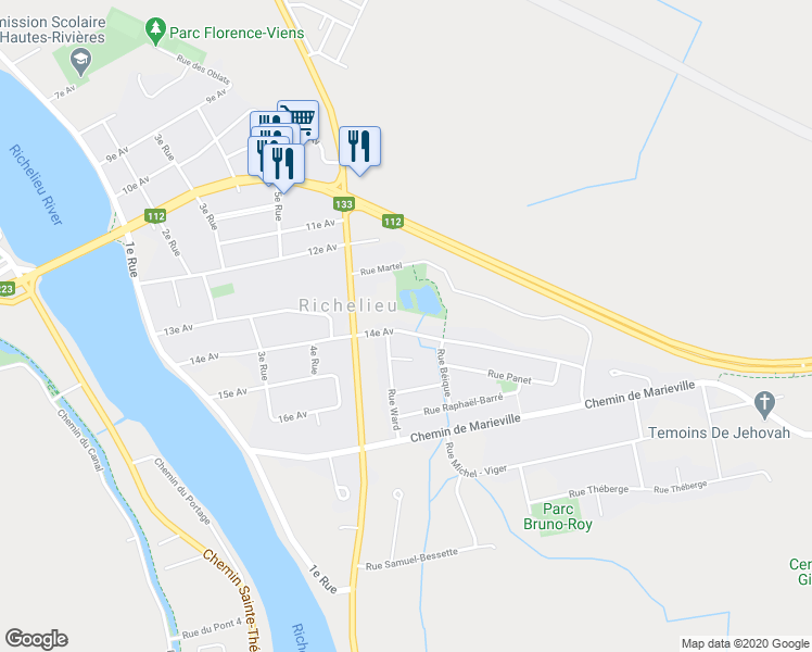 map of restaurants, bars, coffee shops, grocery stores, and more near 630 14e Av in Richelieu