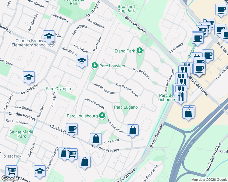 map of restaurants, bars, coffee shops, grocery stores, and more near Rue de Lachine in Brossard