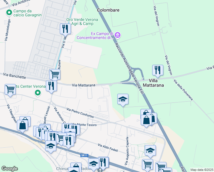 map of restaurants, bars, coffee shops, grocery stores, and more near 14 Via Mattarana in Verona