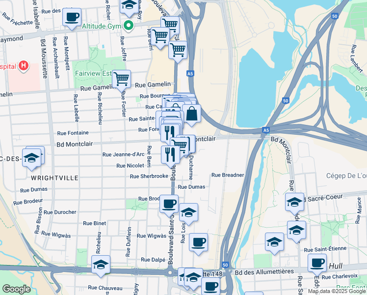 map of restaurants, bars, coffee shops, grocery stores, and more near in Gatineau