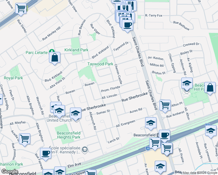 map of restaurants, bars, coffee shops, grocery stores, and more near 129 Promenade Florida in Beaconsfield