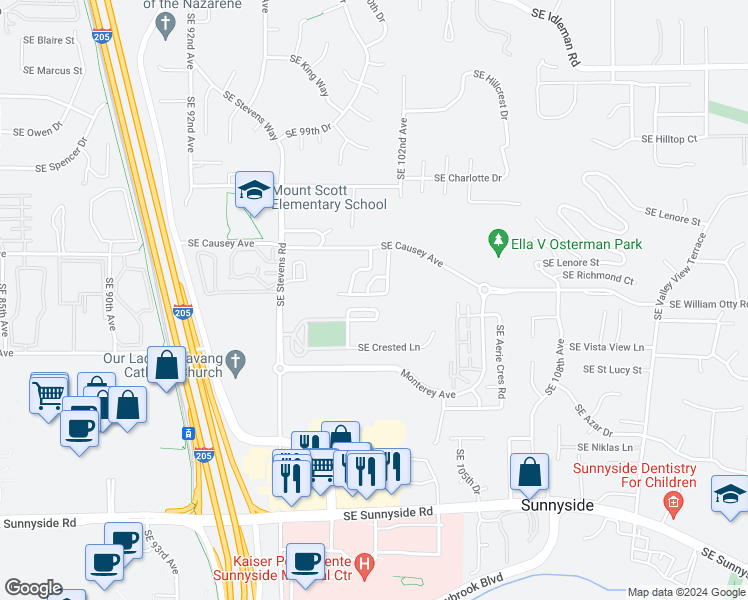 map of restaurants, bars, coffee shops, grocery stores, and more near 11530 Southeast Aquila Street in Happy Valley