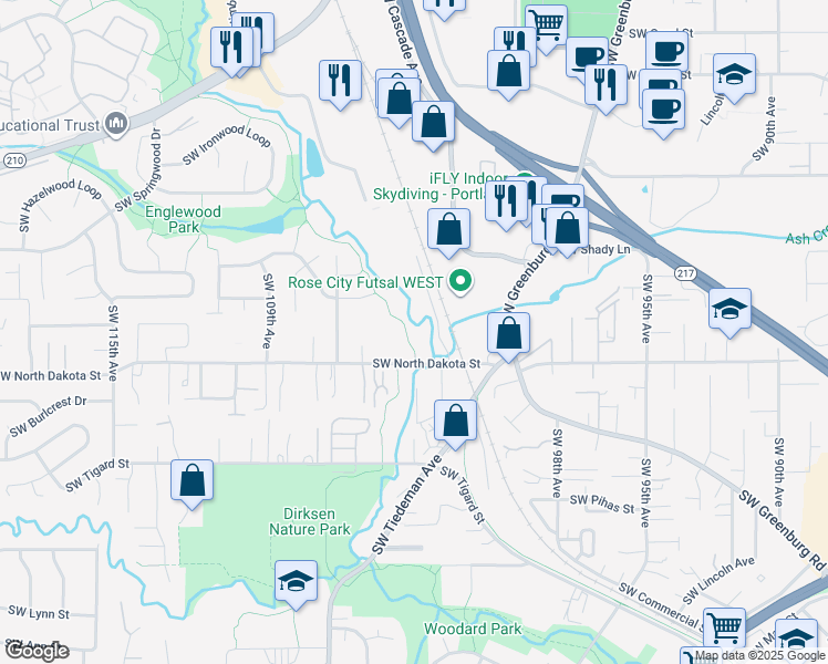 map of restaurants, bars, coffee shops, grocery stores, and more near 10339 Southwest North Dakota Street in Tigard