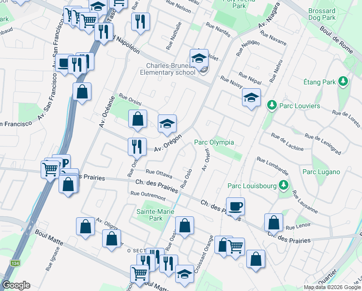 map of restaurants, bars, coffee shops, grocery stores, and more near 3925 Rue Oslo in Brossard