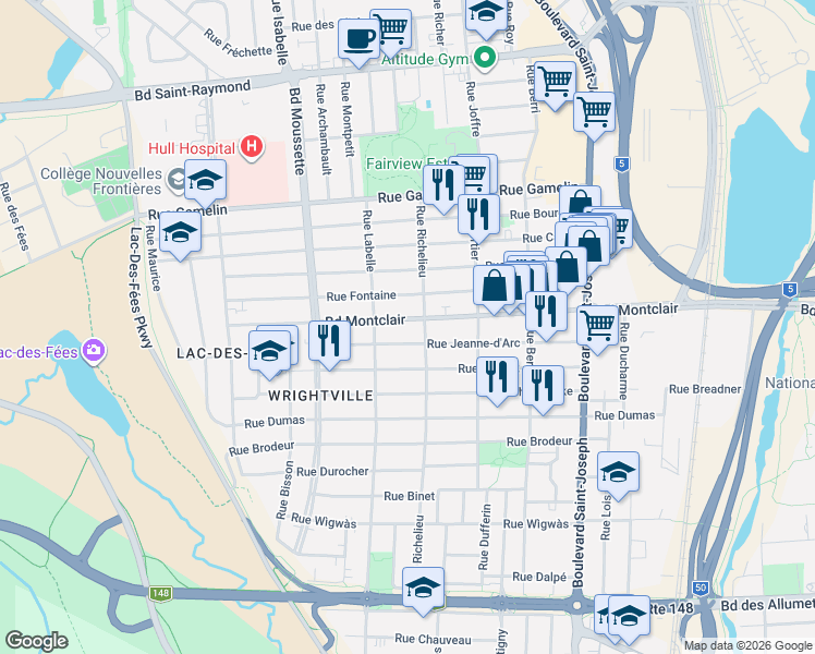 map of restaurants, bars, coffee shops, grocery stores, and more near 121 Boulevard Montclair in Gatineau