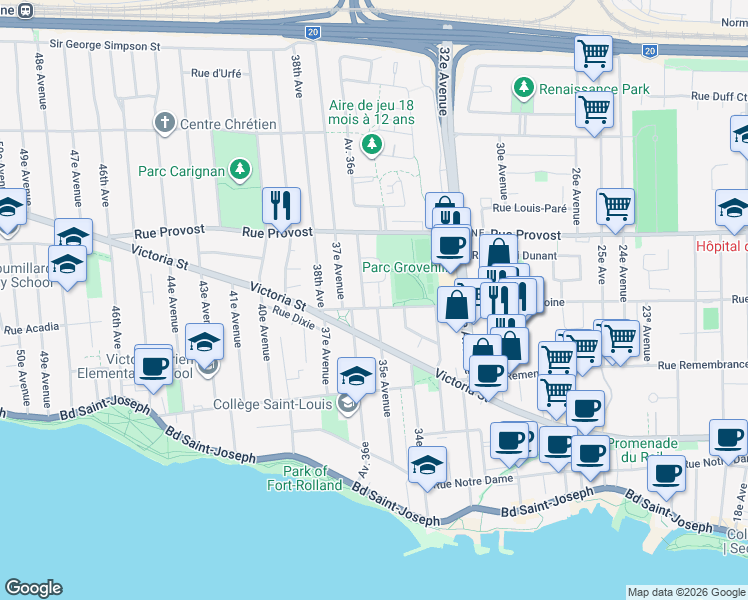 map of restaurants, bars, coffee shops, grocery stores, and more near 3570 Rue Saint-Antoine in Montréal