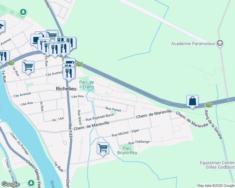map of restaurants, bars, coffee shops, grocery stores, and more near 913 Rue Martel in Richelieu