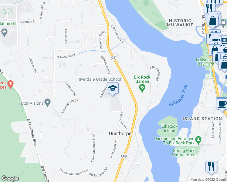 map of restaurants, bars, coffee shops, grocery stores, and more near 11733 South Breyman Avenue in Portland