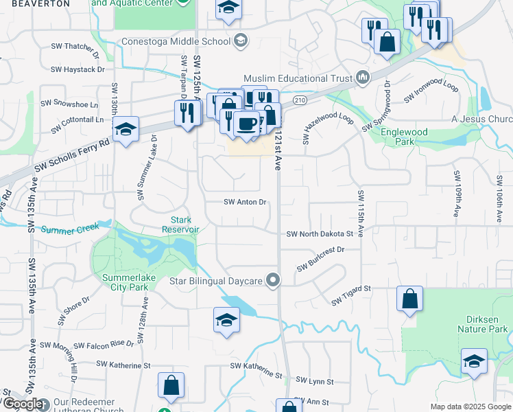 map of restaurants, bars, coffee shops, grocery stores, and more near 11105 Southwest 123rd Place in Tigard