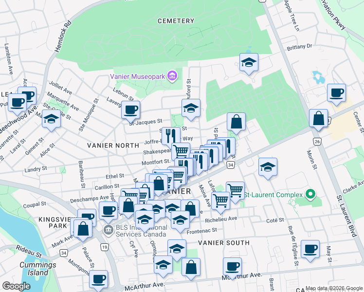 map of restaurants, bars, coffee shops, grocery stores, and more near in Ottawa