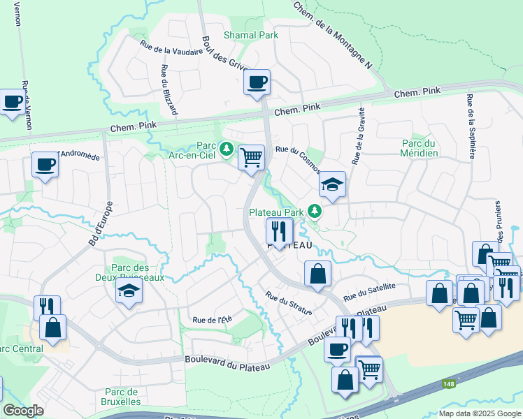 map of restaurants, bars, coffee shops, grocery stores, and more near 30 Rue du Firmament in Gatineau