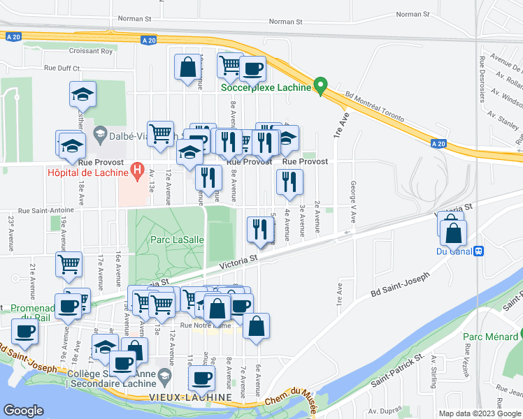 map of restaurants, bars, coffee shops, grocery stores, and more near 594 6e Avenue in Montréal