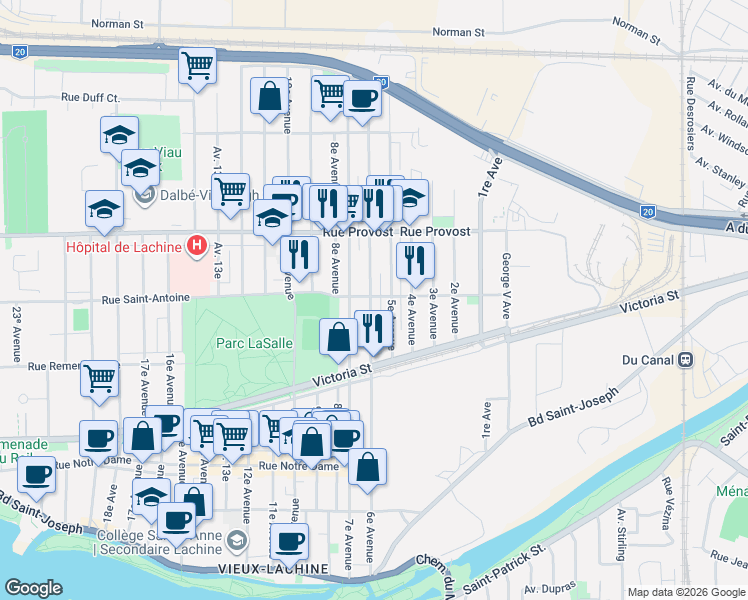 map of restaurants, bars, coffee shops, grocery stores, and more near 594 6e Avenue in Montréal