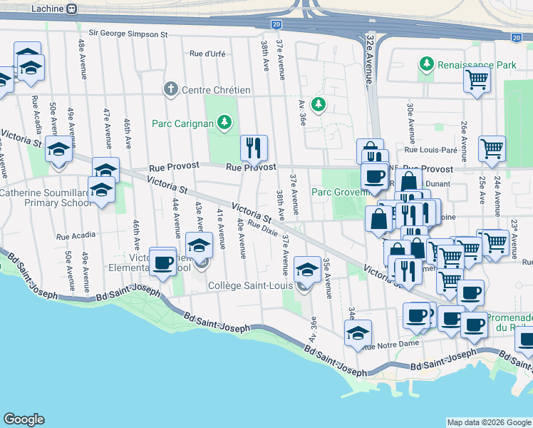map of restaurants, bars, coffee shops, grocery stores, and more near 3880 Rue Victoria in Montréal
