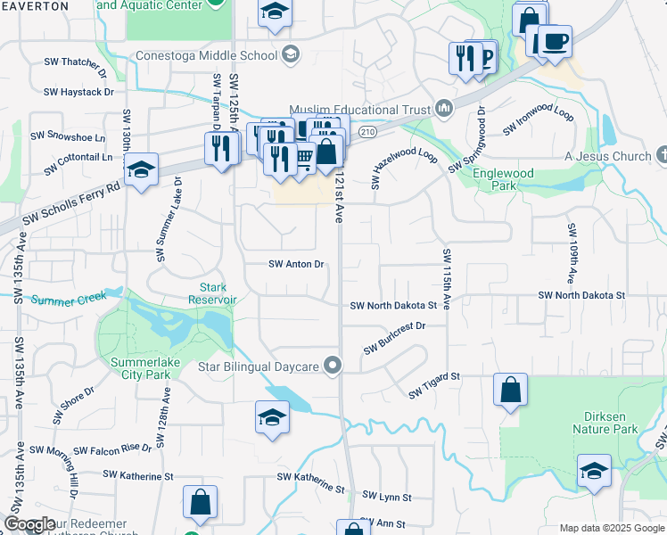 map of restaurants, bars, coffee shops, grocery stores, and more near 12151 Southwest Anton Drive in Tigard