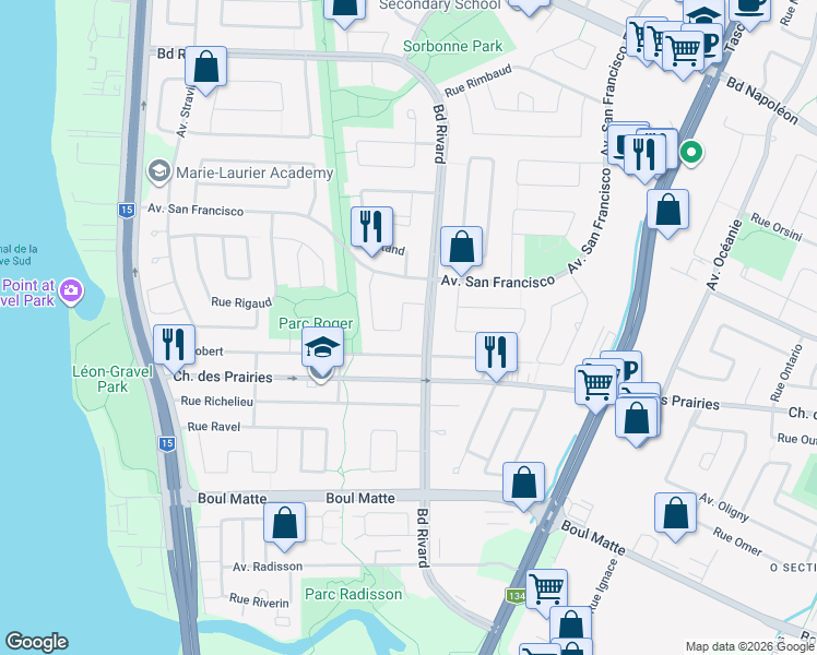 map of restaurants, bars, coffee shops, grocery stores, and more near 1735 Rue Rio in Brossard