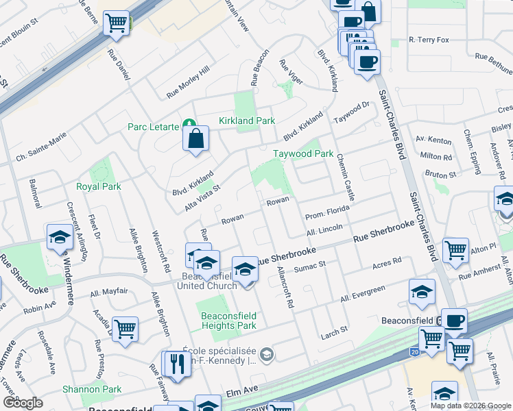 map of restaurants, bars, coffee shops, grocery stores, and more near 260 Chemin Allancroft in Beaconsfield