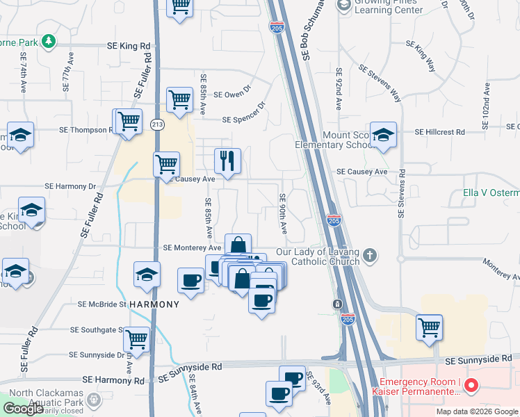 map of restaurants, bars, coffee shops, grocery stores, and more near 8800 Southeast Causey Loop in Happy Valley