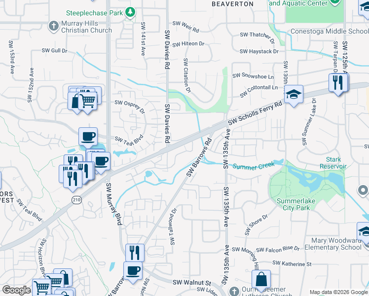 map of restaurants, bars, coffee shops, grocery stores, and more near 13900 Southwest Scholls Ferry Road in Beaverton