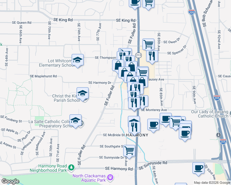 map of restaurants, bars, coffee shops, grocery stores, and more near 11424 Southeast Fuller Road in Milwaukie