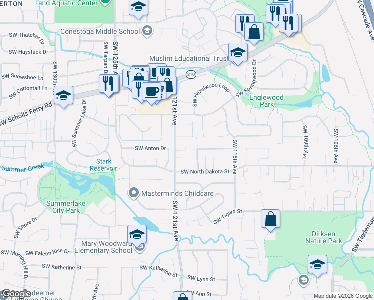 map of restaurants, bars, coffee shops, grocery stores, and more near 11960 Southwest Manzanita Court in Tigard