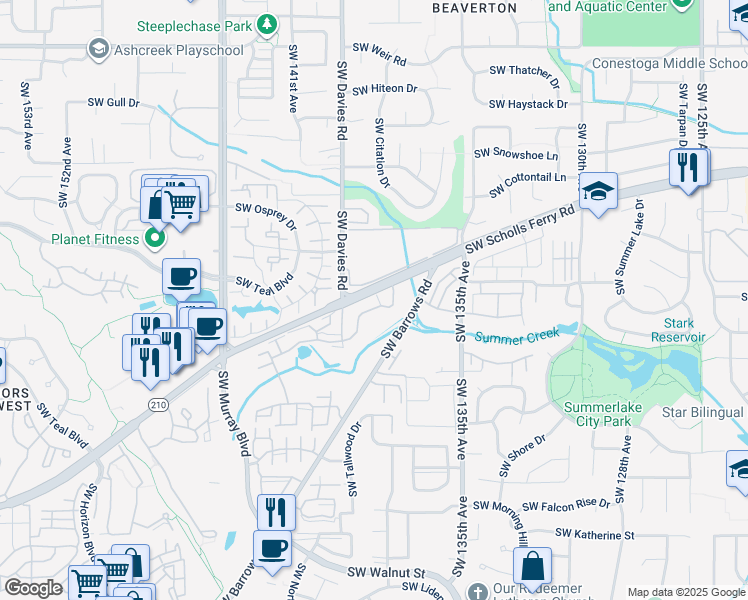 map of restaurants, bars, coffee shops, grocery stores, and more near 13900 Southwest Scholls Ferry Road in Beaverton
