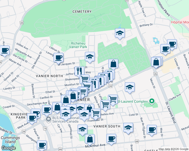 map of restaurants, bars, coffee shops, grocery stores, and more near in Ottawa