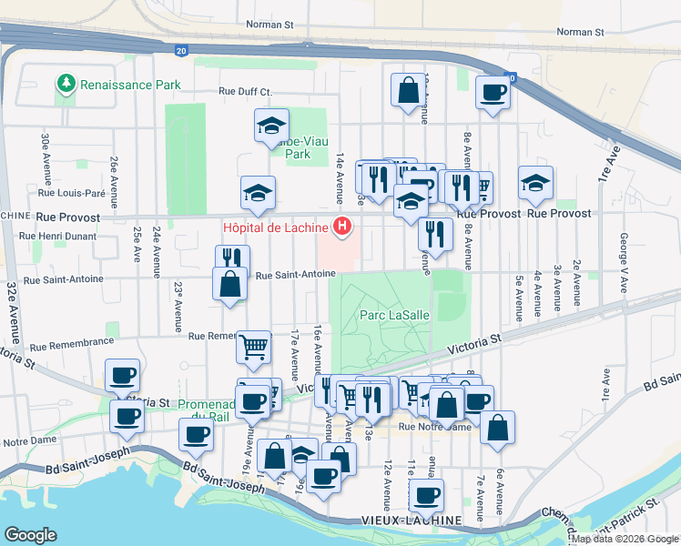 map of restaurants, bars, coffee shops, grocery stores, and more near Rue Saint-Antoine in Montréal