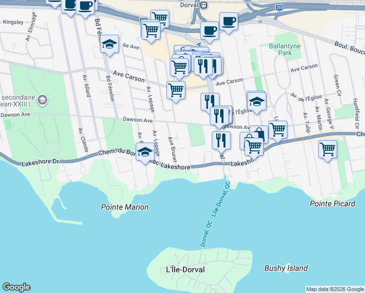 map of restaurants, bars, coffee shops, grocery stores, and more near 915 Place Sims in Dorval