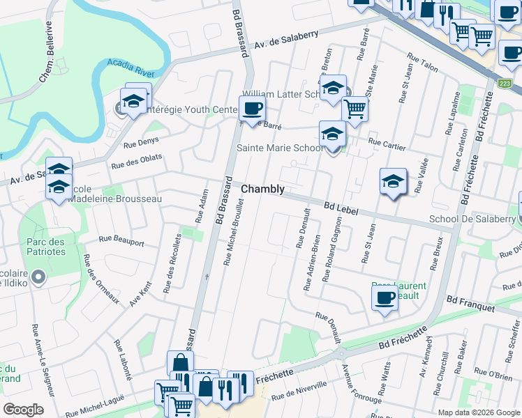 map of restaurants, bars, coffee shops, grocery stores, and more near 1261 Rue Briand in Chambly