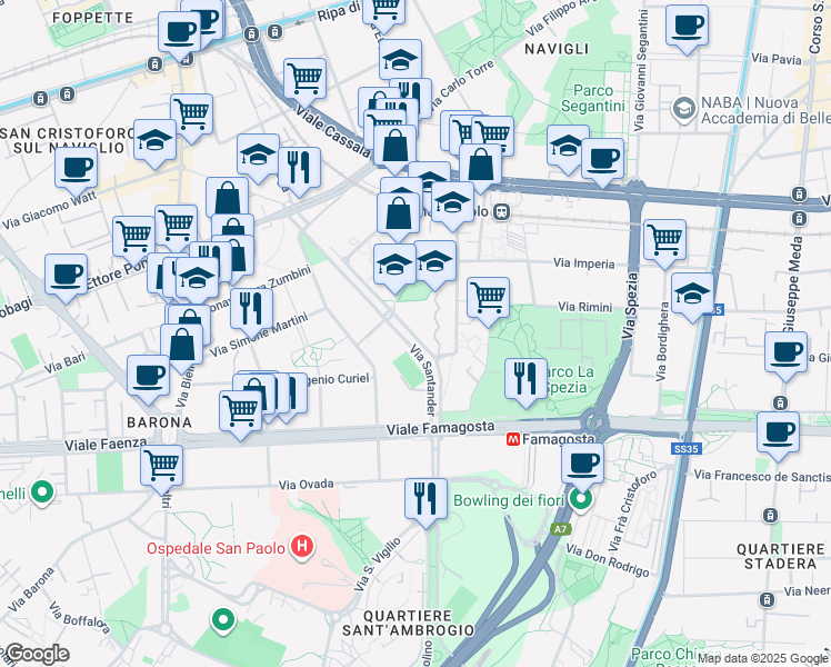 map of restaurants, bars, coffee shops, grocery stores, and more near 9 Via Santander in Milano