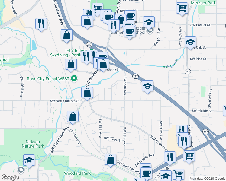 map of restaurants, bars, coffee shops, grocery stores, and more near 9655 Southwest North Dakota Street in Tigard