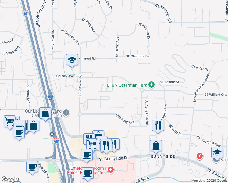 map of restaurants, bars, coffee shops, grocery stores, and more near 11440 Southeast Aquila Street in Happy Valley