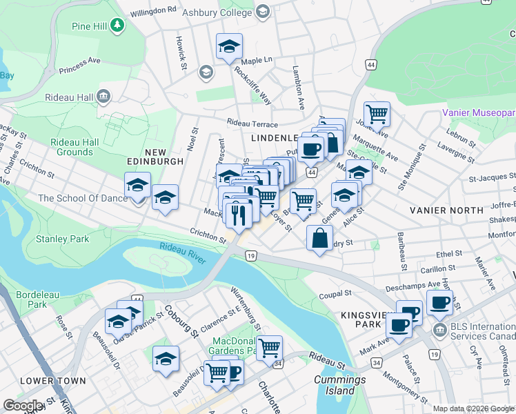 map of restaurants, bars, coffee shops, grocery stores, and more near 1 Springfield Road in Ottawa