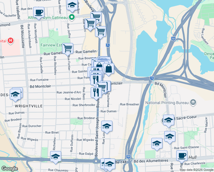 map of restaurants, bars, coffee shops, grocery stores, and more near 17 Boulevard Montclair in Gatineau