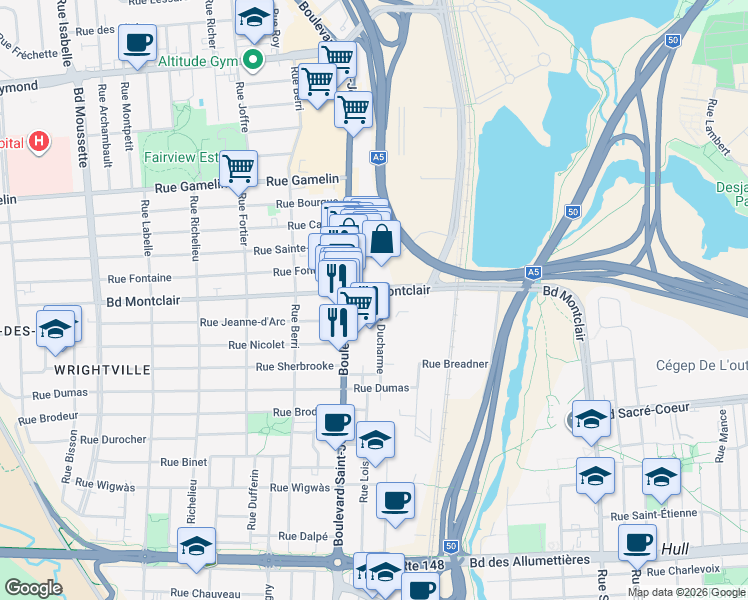 map of restaurants, bars, coffee shops, grocery stores, and more near 17 Boulevard Montclair in Gatineau