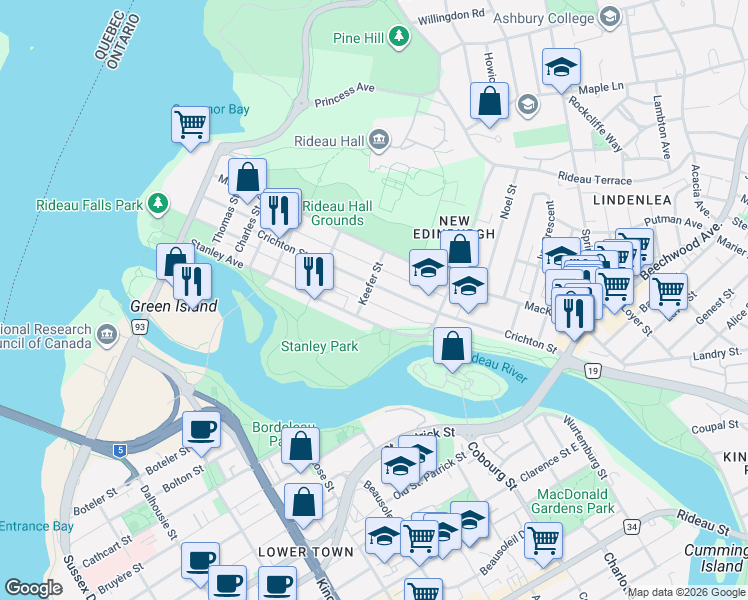 map of restaurants, bars, coffee shops, grocery stores, and more near 140 River Lane in Ottawa