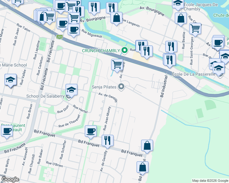 map of restaurants, bars, coffee shops, grocery stores, and more near 1466 Rue Albert-Lacoste in Chambly