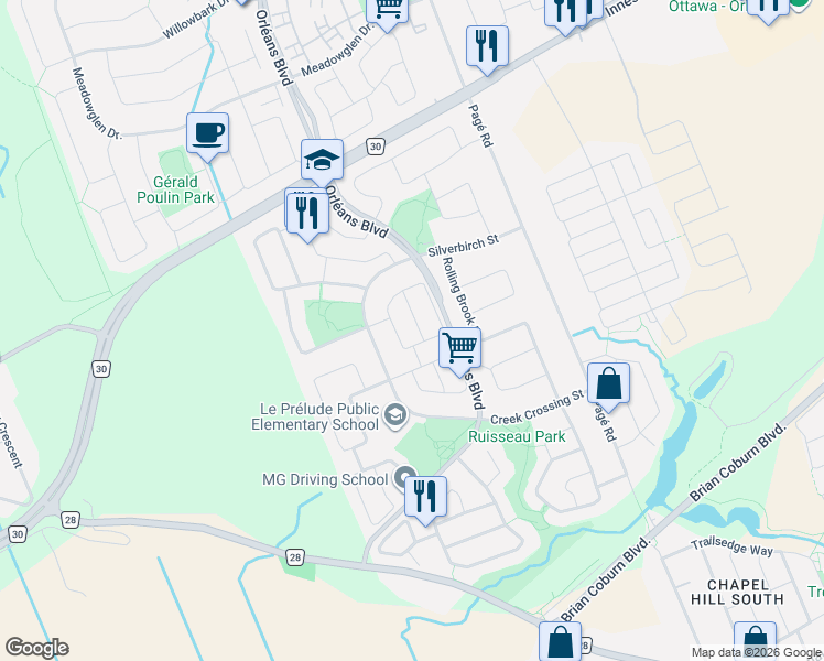 map of restaurants, bars, coffee shops, grocery stores, and more near 2117 Sandy Oaks Drive in Ottawa