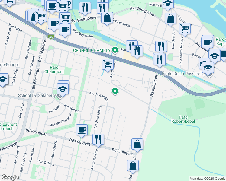 map of restaurants, bars, coffee shops, grocery stores, and more near 920 Avenue Simard in Chambly